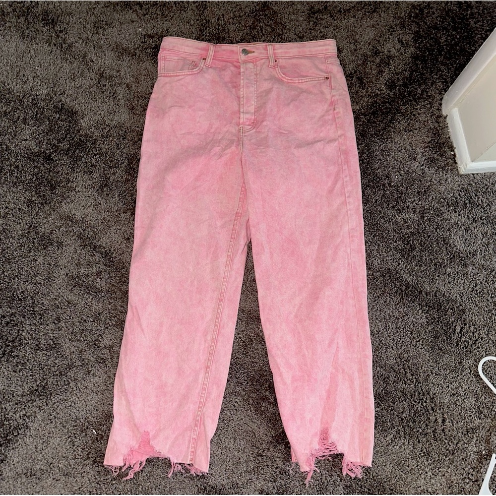 Bright Pink Distressed Hem Straight Leg Jeans